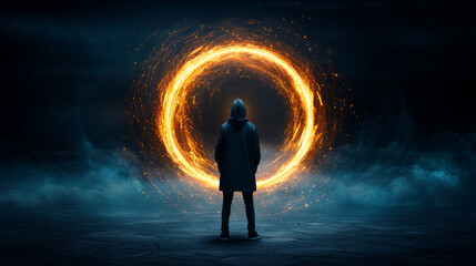 person stands before glowing fiery circle in dark, misty environment