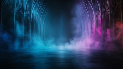 Obraz premium mystical, colorful hallway with arched columns and fog creates enchanting atmosphere
