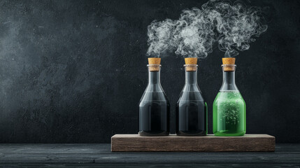 Three steaming potion bottles with corks on wooden tray against dark background