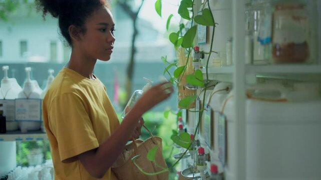 Female customer fills cereal foods in a glass jar, lever the reusable container on refill store shelves, zero-waste and plastic-free grocery, environment-friendly, sustainable lifestyles.
