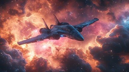 Fototapeta premium Spaceship flying through cloudy sky with stunning colorful space background