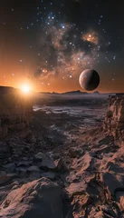 Gordijnen Stunning otherworldly landscape with jagged rocks, vast desert, and a giant planet under starry sky © decorator
