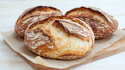 Fototapeta premium Three artisan loaves of sourdough bread on a wooden cutting board