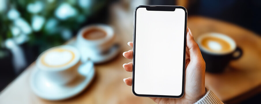 Mockup of Woman Hand Holding Mobile Phone with Blank Screen in Coffee Shop for Social Media Marketing