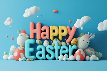 Obraz premium Festive Easter design with colorful eggs and Happy Easter wishes on blue background 