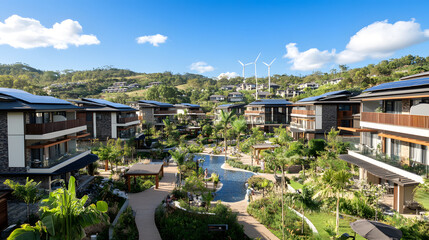Clear blue sky over a vibrant tulip field in an eco-village setting promoting sustainability and environmental awareness