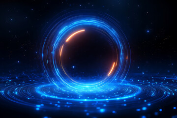 Glowing circle lines on dark blue background. Geometric stripe line art design