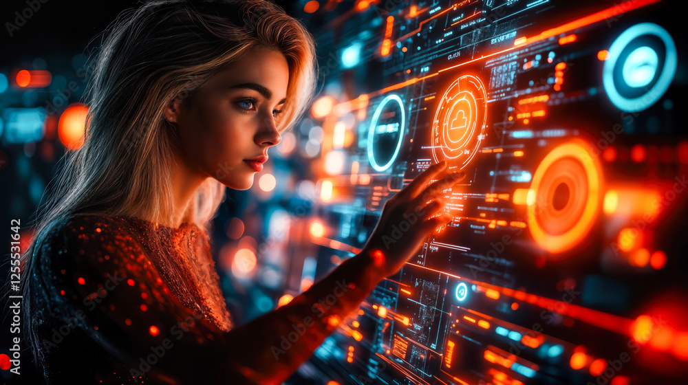 Aufkleber woman interacting with futuristic ai-powered interface in consumer technology environment boosting u