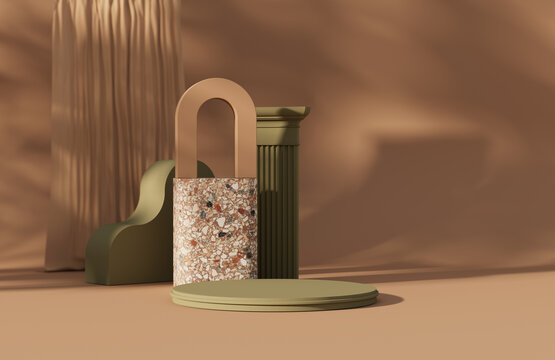 3D podium display, pastel brown background. Art deco step and geometric shape. Nature palm shadow, minimal, beauty product presentation. Terrazzo pedestal advertisement. Studio, abstract 3D render