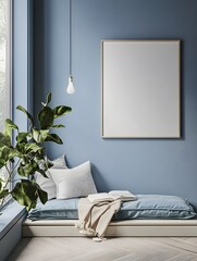 A softly lit pastel blue bedroom with a cozy reading nook and a framed blank canvas.