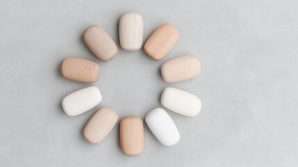 Neutral-toned soap bars arranged in a circle on a gray background.  Possible use  Product photography for soap or hygiene products
