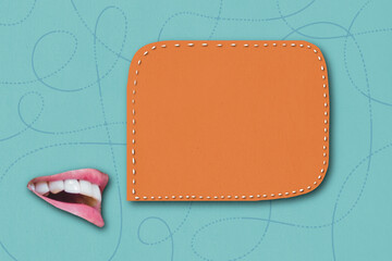 Orange speech bubble with white stitching and open mouth on teal background