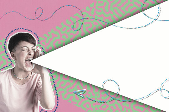 Contemporary art collage of a person shouting with copy space on a colorful background with decorative lines and shapes
