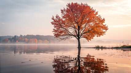 solitary tree with vibrant autumn leaves reflects in calm lake