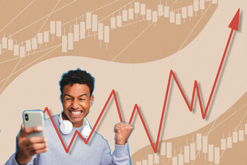 Young man celebrating successful investments with a smartphone and rising stock market chart