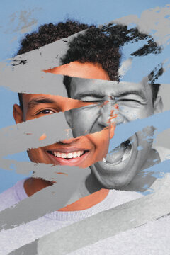 Contemporary art collage of a young man with multiple facial expressions representing mental health and hidden feelings