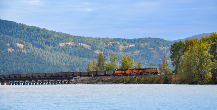 Freight Train driving across a Bridge over the Columbia River, Washington, USA