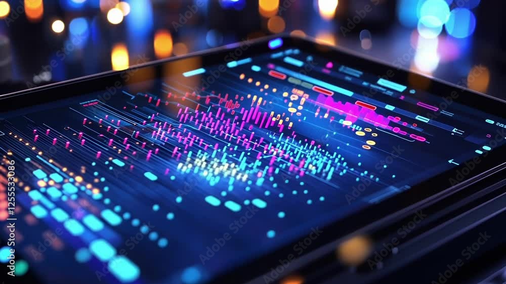 Poster futuristic transparent display featuring complex data analysis with glowing lines and dots in a dark