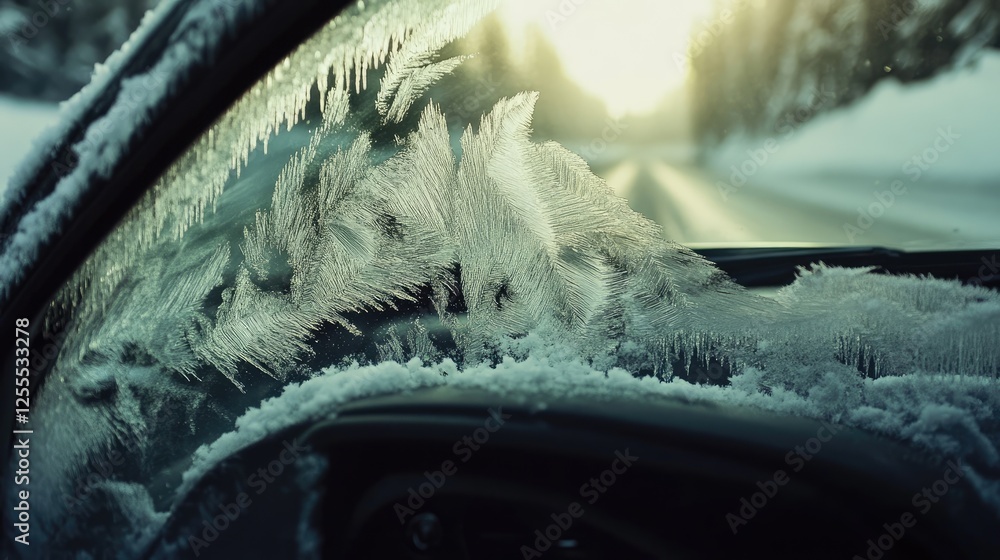 Aufkleber a detailed close-up of a snow-covered car windshield with unique frosty patterns and textures formin
