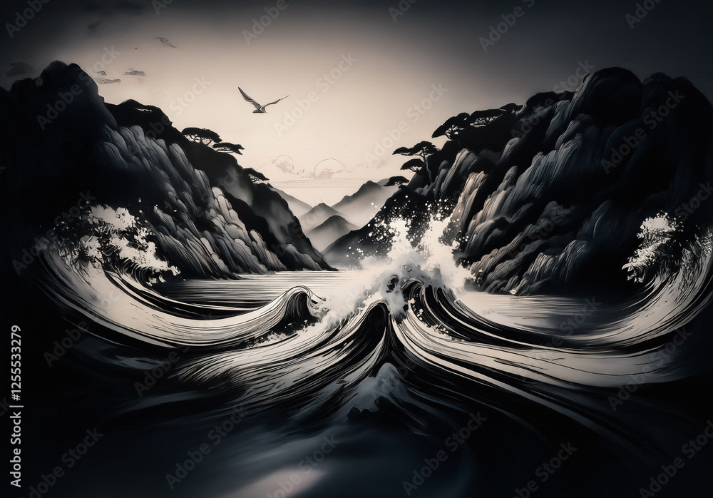 Poster Monochrome Chinese landscape showcasing dramatic mountains meeting water with powerful waves and a soaring bird in flight, creating a dynamic scene.