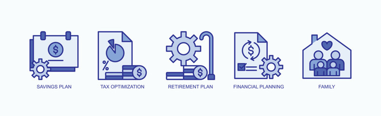 Legacy Building Icon Set Isolated Vector With Icon Of Savings Plan, Tax Optimization, Retirement Plan, Financial Planning, Family In Blue Style
