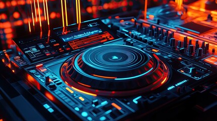 Fototapeta premium Futuristic DJ Mixer with Vibrant Neon Lights and Modern Aesthetics