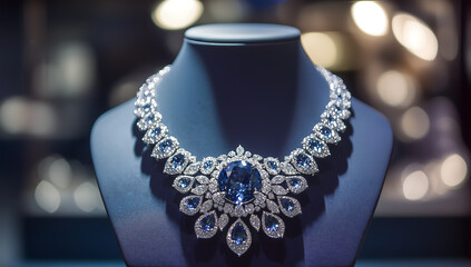 A luxurious diamond necklace is on display in an elegant jewelry store
