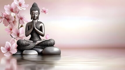 Serene Buddha Sculpture Surrounded by Peaceful Floral Elements