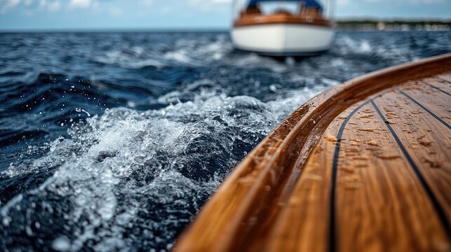 Wooden boat deck, waves, and a boat in the distance. Possible use Stock photo for sailing, water sports, or nautical themes