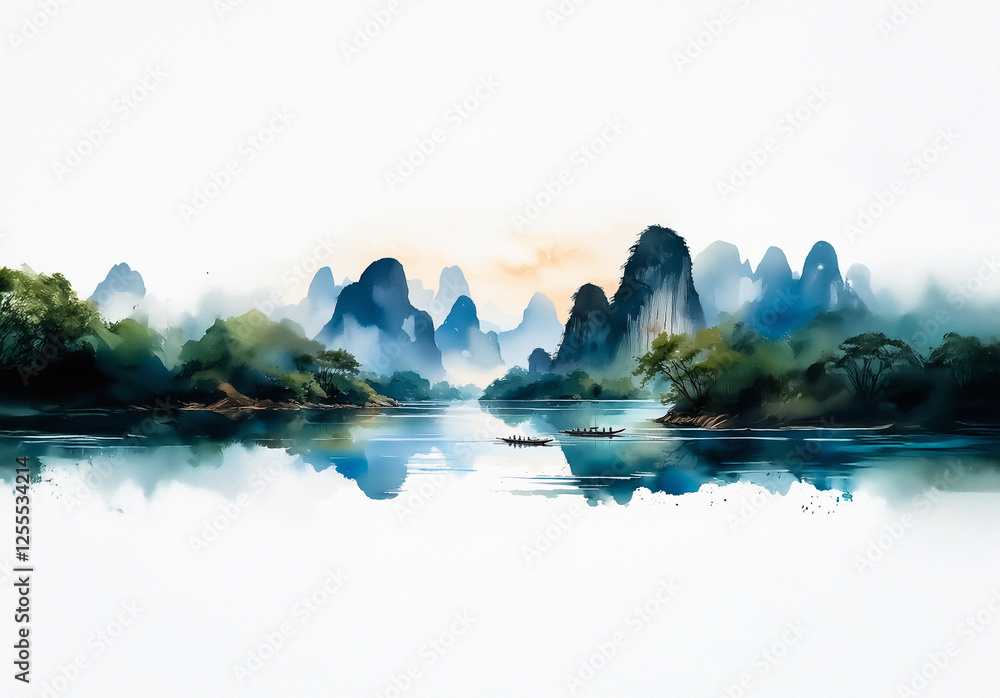 Poster serene china landscape view with misty mountains reflecting in calm waters. lush greenery lines the 