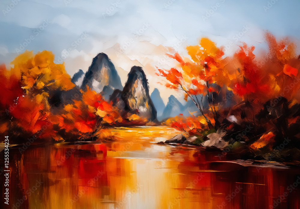 Poster vibrant landscape painting reminiscent of china. autumn trees in fiery colors frame towering mountai