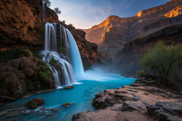 Majestic waterfall cascading into turquoise pool at sunset in canyon