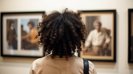 Rear view of an African American woman observing photographs in a gallery, interested mood, celebrating Black History Month