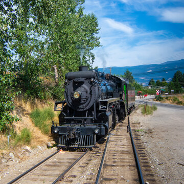 Steam Engine on a railway track, Okanagan Valley, British Columbia, Canada