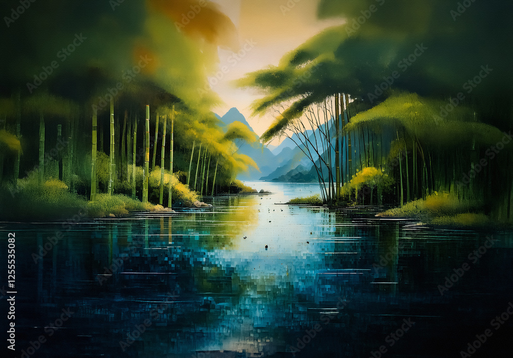 Poster a tranquil chinese landscape with still waters mirroring lush green trees and soft mountains under a
