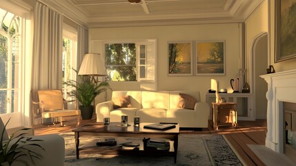 A soothing, balanced living space with harmonious design elements and a centered white frame.