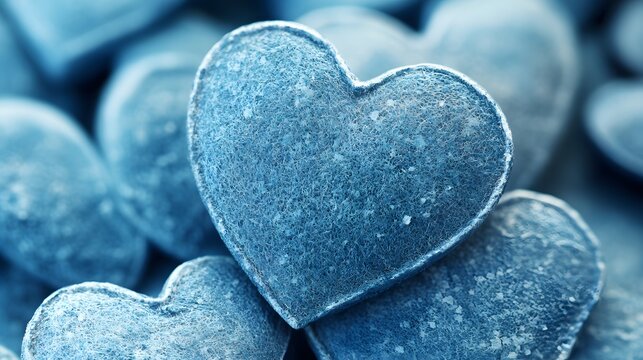Blue heart shaped candies on a vibrant abstract blue background for sweet themed designs and concepts