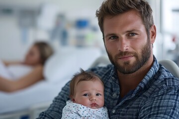Obraz premium A proud father gently holds his newborn baby in a hospital setting, capturing a precious moment of love and tenderness between parent and child.