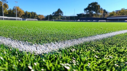 Close Up View of Soccer Field Grass with Cleat Impressions and White Line Markings