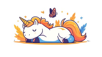 Fototapeta premium A whimsical unicorn resting peacefully amidst colorful foliage and a butterfly in the background