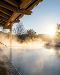 Serene morning mist rising over tranquil waters of an outdoor pool with warm sunlight illuminating the landscape