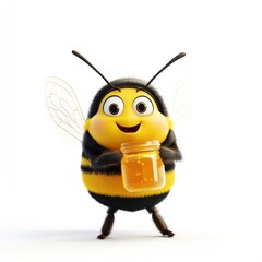 Naklejka premium Cartoon bee holding honey jar, happy expression, studio shot