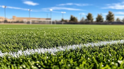 Close Up View of Soccer Field Grass with Cleat Impressions and White Line Markings