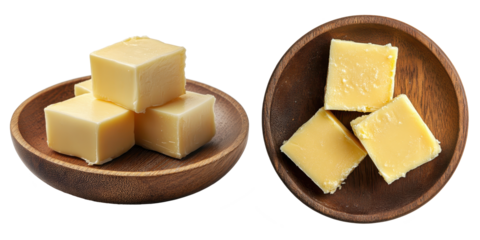 block of butter on wooden plate isolated on transparent background