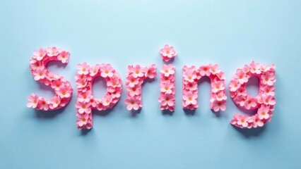 word spring creatively spelled with delicate pink cherry blossoms arranged in floral typography on pastel blue background with soft natural lighting, seasonal greetings, floral design, graphic design