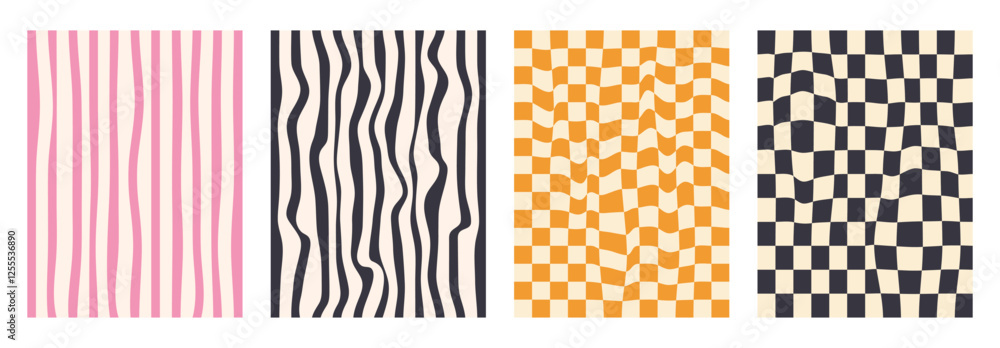 Poster groovy checkerboard pattern set. psychedelic checker background pack. trippy y2k retro vertical text