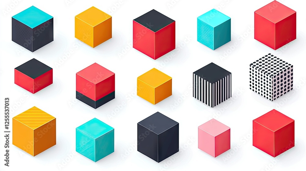 Poster colorful isometric cubes with various textures and patterns