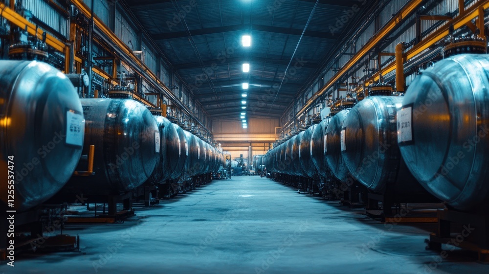 Poster a detailed view of large compressed gas tanks in a factory, arranged in perfect symmetry under harsh
