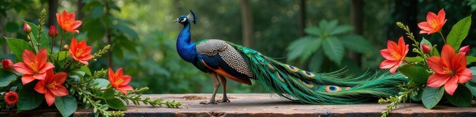 Peacock in a floral arrangement on a wooden table, peacock, rustic, plants
