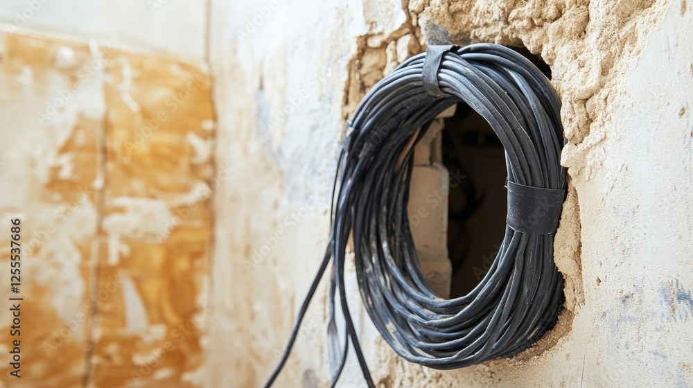 Poster a detailed view of insulated wires, neatly bundled with black electrical tape, running through a hol